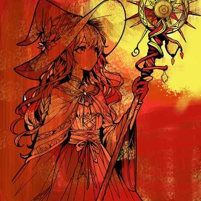 a realistic fantasy manga witch with a staff