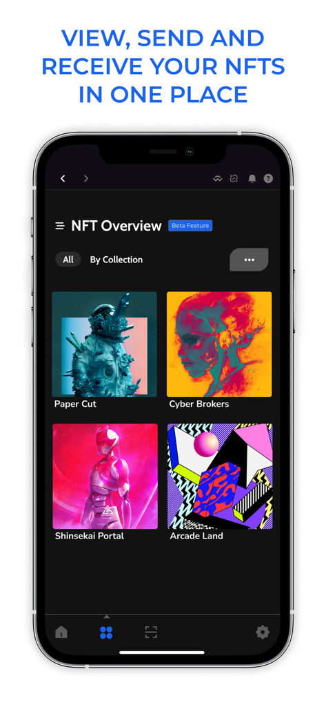 ZelCore - Pantalla de vista general de NFTs de la aplicación ZelCore mostrando colecciones de arte digital como Cyber Brokers y Shinsekai Portal