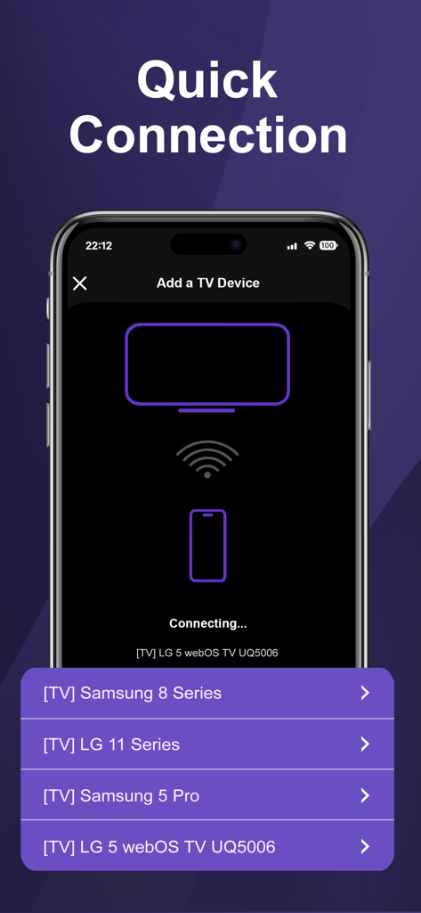 iRemote: Remote Control for TV - Smartphone screen showing the quick connection interface to add a Smart TV in the iRemote app.