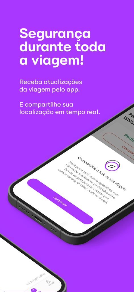 ClickBus app screen showing real time travel updates and location sharing features for passenger safety