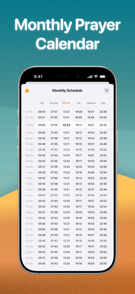 Calendario mensual de horarios de oración en la aplicación Athan Pro en iPhone
