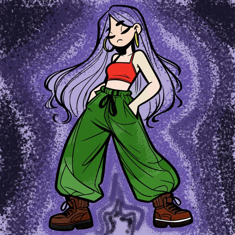 girl in baggy pants crop top and long hair