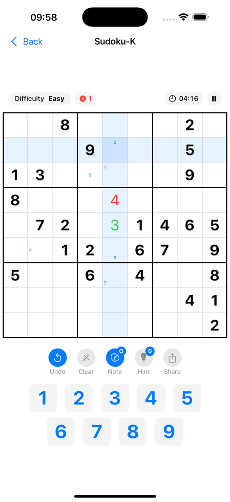 Sudoku-K - Sudoku-K app gameplay showing a clean minimalist puzzle grid with easy difficulty settings