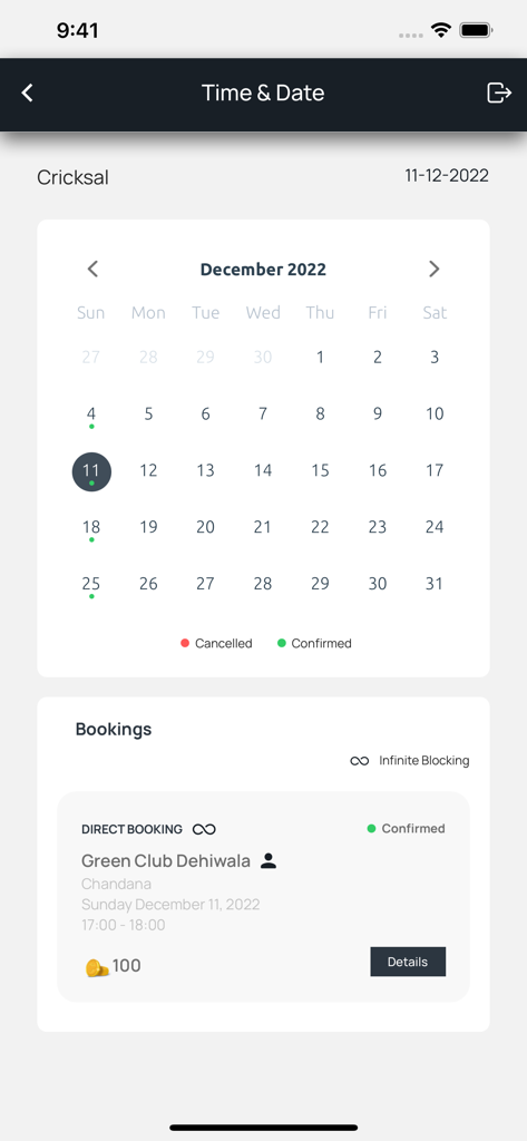 Play.Book Provider app interface showing a calendar and confirmed sports facility booking details