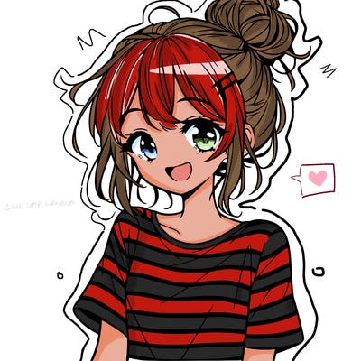 anime girl teenager striped shirt and smile and messy bun