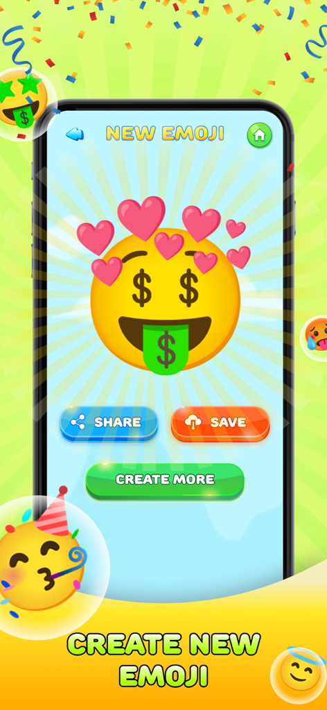 Emoji Merge - Fun Emoji Game - Oberfläche, die ein benutzerdefiniertes Emoji mit Geldaugen und Herzen in der Emoji Merge App zeigt.