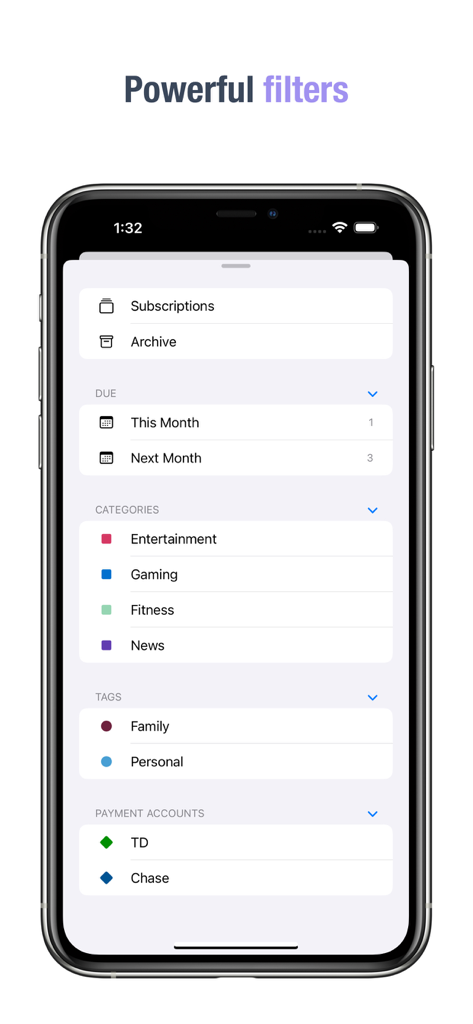 Subscriptions - Track Expenses - Subscription tracker app interface showing filter options by category date and account