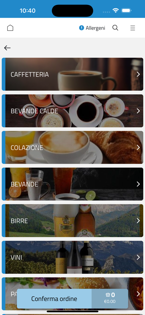Funivie Lagorai Chalet - 커피, 아침 식사, 맥주, 와인 메뉴 카테고리를 보여주는 Funivie Lagorai Chalet 모바일 앱 인터페이스