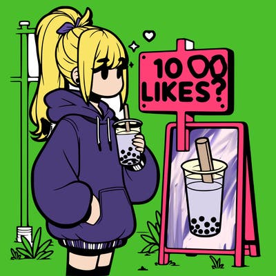 girl with oversized hoodie drinking boba and she has a high ponytail with a sign that says 10likes?