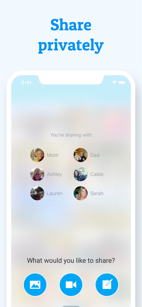 Cluster app screen showing a private sharing group with family members and options to upload photos or videos.