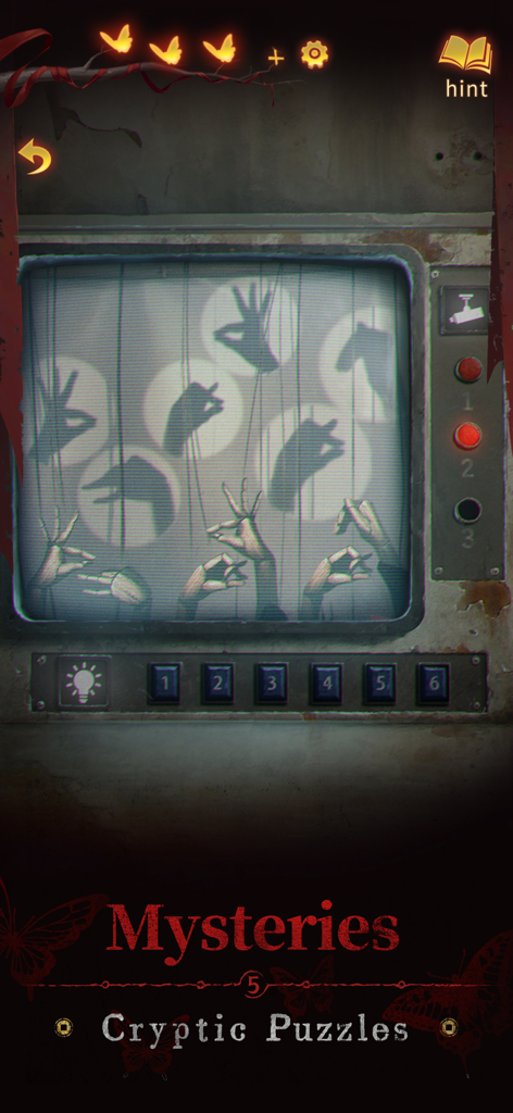 Paper Bride 5 Two Lifetimes - A retro television screen showing hand shadow puppets and hanging strings in a cryptic puzzle scene