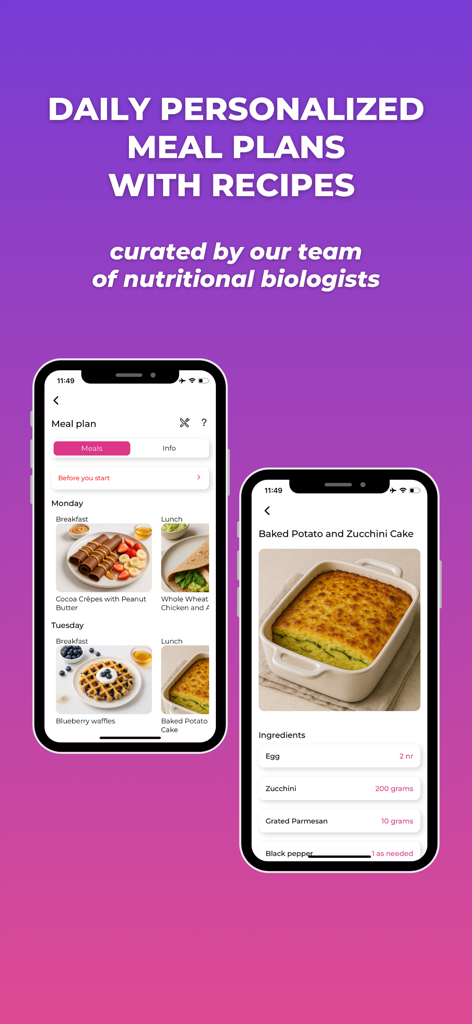 GetStronger: Fitness for Women - Interfaz de la aplicación GetStronger que muestra planes de comidas diarios personalizados y recetas saludables curadas por biólogos nutricionales.