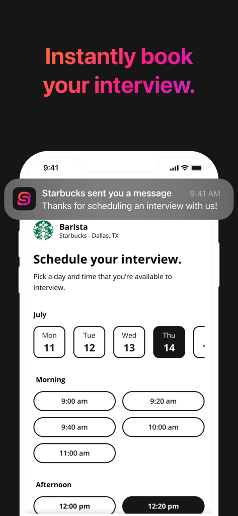 Seasoned: Jobs & Community - Seasoned 앱 화면, 사용자가 특정 날짜와 시간 옵션으로 스타벅스 바리스타 면접 예약