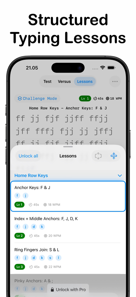 Structured typing lessons interface in the ClickClack app showing home row key exercises and level progression