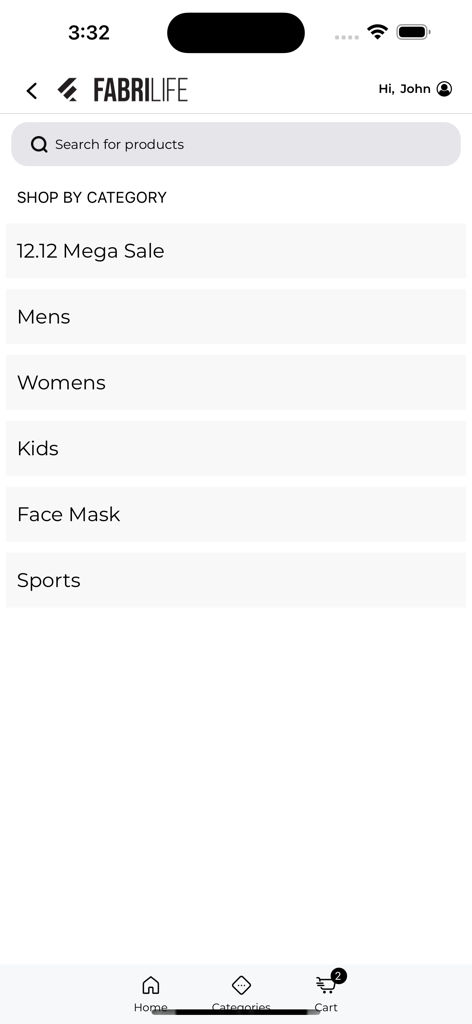 Fabrilife mobile app interface showing the shop by category menu with clothing options for men women and kids