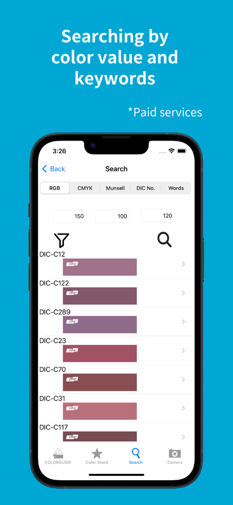 Search interface of DIC COLOR GUIDE app showing color results based on RGB values