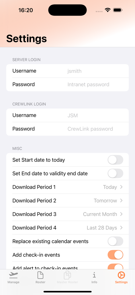 Menu delle impostazioni dell'app di utilità per l'aviazione RosterX che mostra le opzioni di accesso e integrazione del calendario.