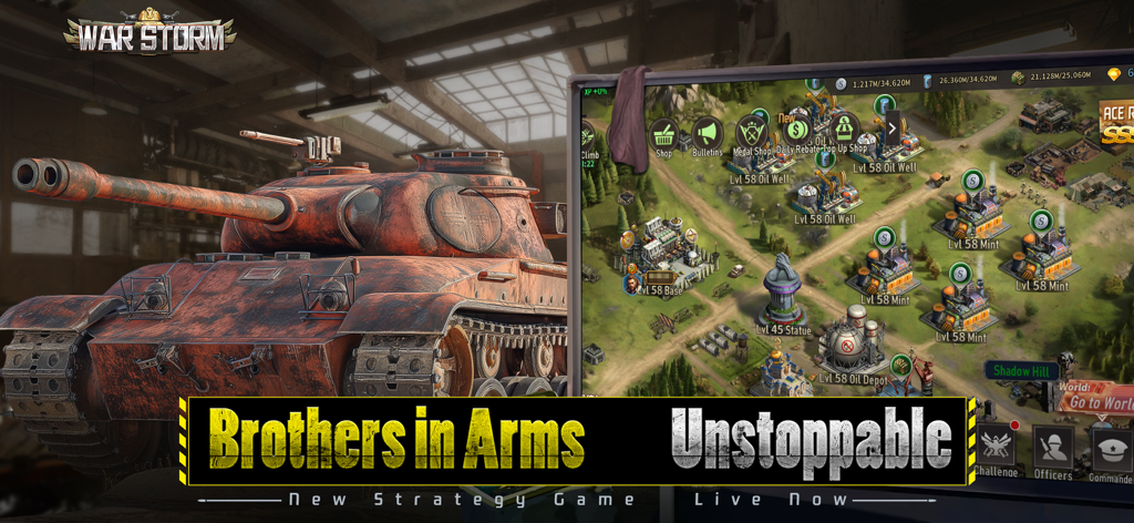 War Storm: Modern Warfare - Una captura de pantalla de War Storm Modern Warfare con un tanque pesado y una interfaz de gestión estratégica de bases.