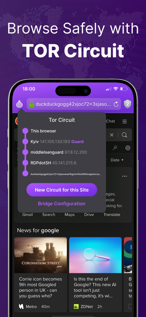 Smartphone screen displaying the TOR Browser app with an active Tor circuit overlay showing secure nodes and bridge configuration options.