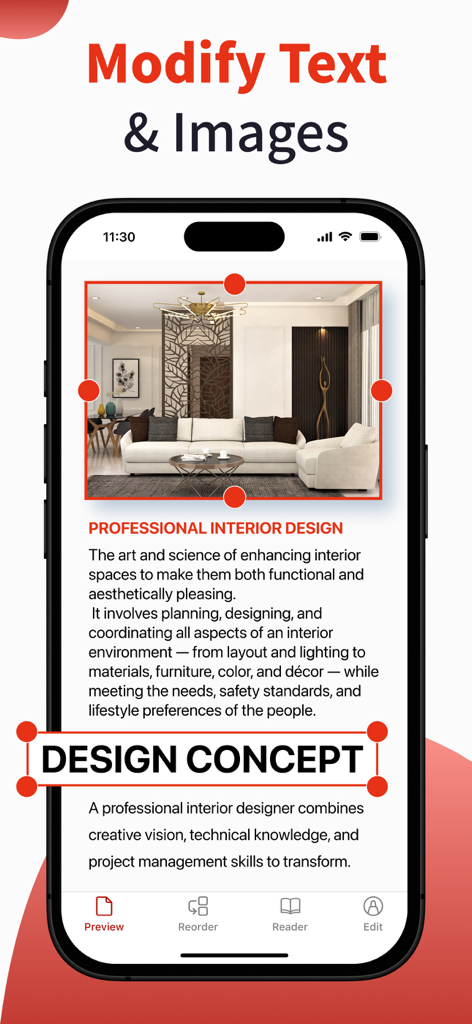 PDFエディターアプリのテキストおよび画像編集ツールを示すモバイルインターフェイス