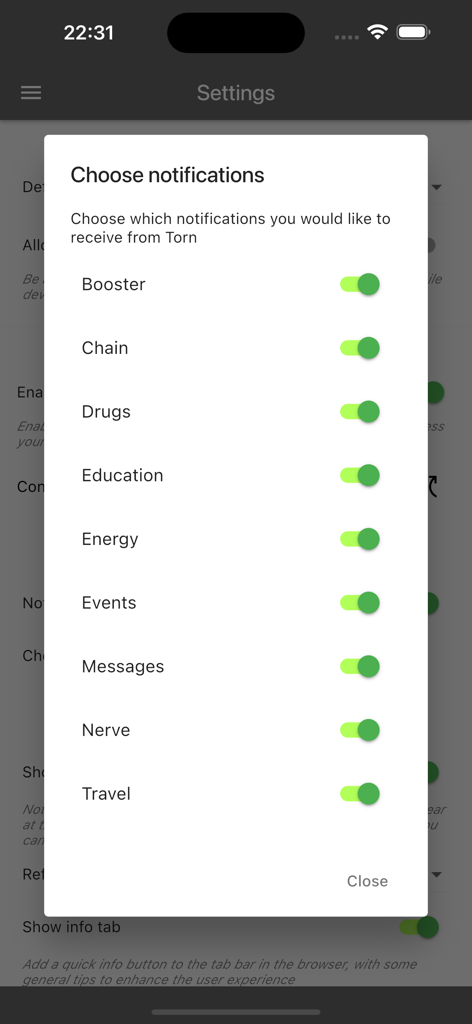 Menú de configuración de notificaciones de la aplicación Torn City que muestra opciones de alternancia para drogas de cadena de refuerzo, educación y energía