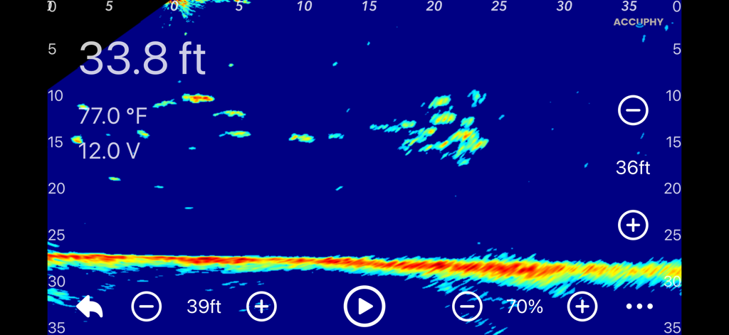 Accuphy Sonar app interface showing live underwater imaging with fish marks and depth data