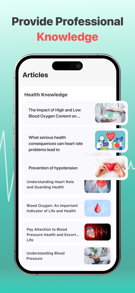Uma lista de artigos de conhecimento de saúde e dicas de bem-estar dentro do aplicativo iHealth Blood Pressure Tracker.