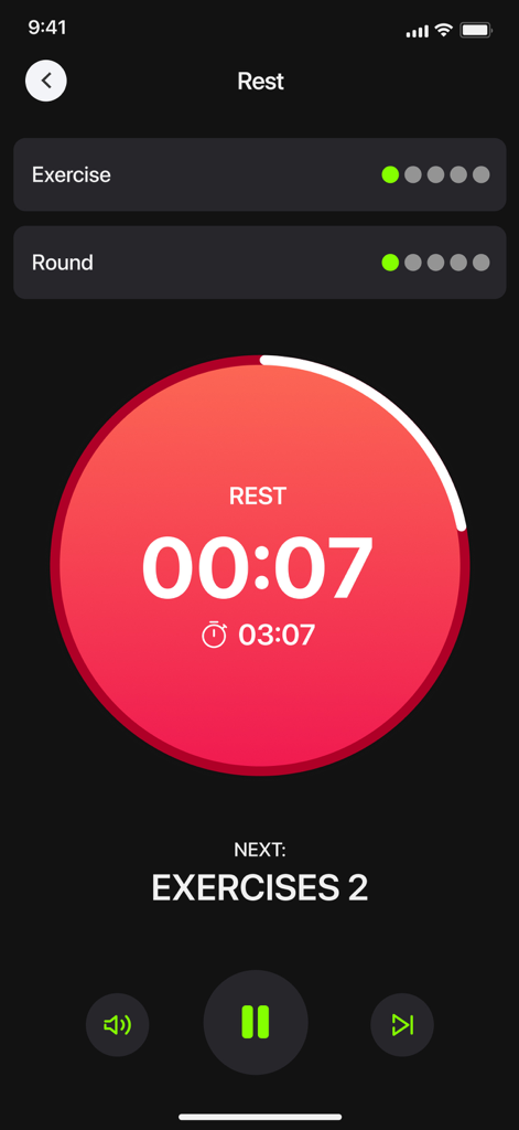 Interval timer · Hiit timer - 7秒の休憩時間カウントダウンを示すHIITインターバルタイマーアプリの画面