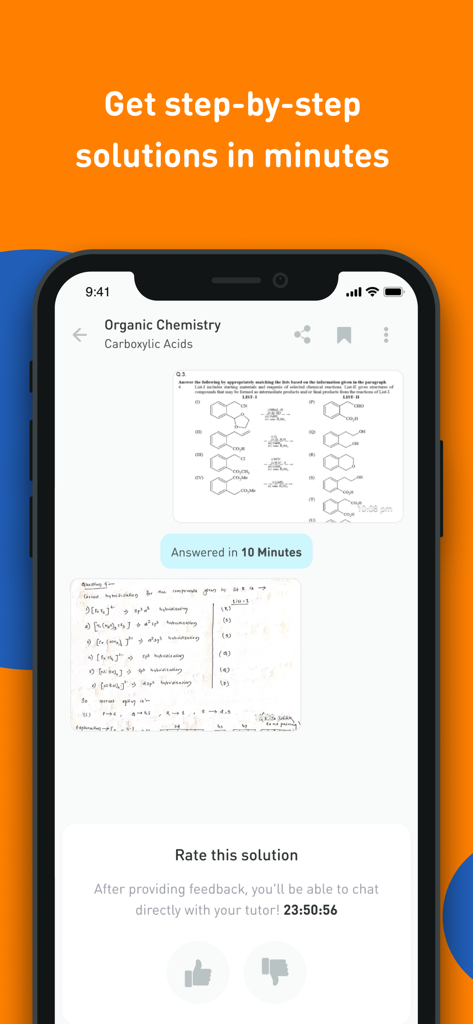 A smartphone displaying a step by step organic chemistry solution on the Kunduz app answered by an expert tutor in 10 minutes.