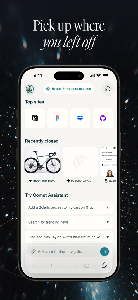 Comet - AI Personal Assistant - Dashboard of Comet AI Personal Assistant showing top sites, blocked trackers, and assistant suggestions.