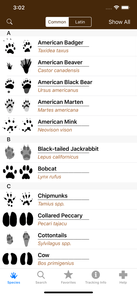 iTrack Wildlife Basic - A list of North American mammals including the American Badger and Black Bear with their corresponding track illustrations and Latin names in the iTrack Wildlife Basic app.