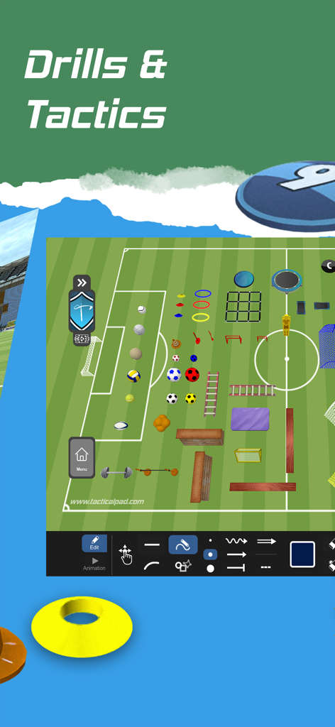 Interfaccia dell'app TacticalPad per la progettazione di allenamenti e tattiche di calcio con icone di varie attrezzature di allenamento.