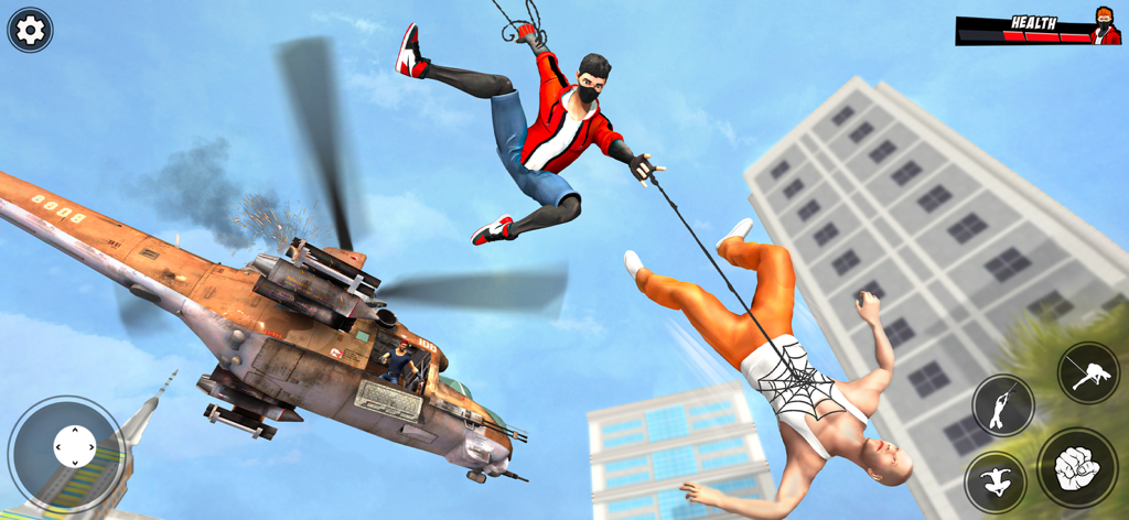 Super-herói se balançando pela cidade durante uma sequência de ação com um helicóptero caindo