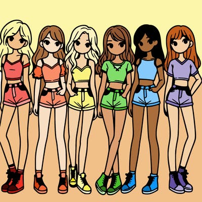 a group of girls wearing crop tops and shorts