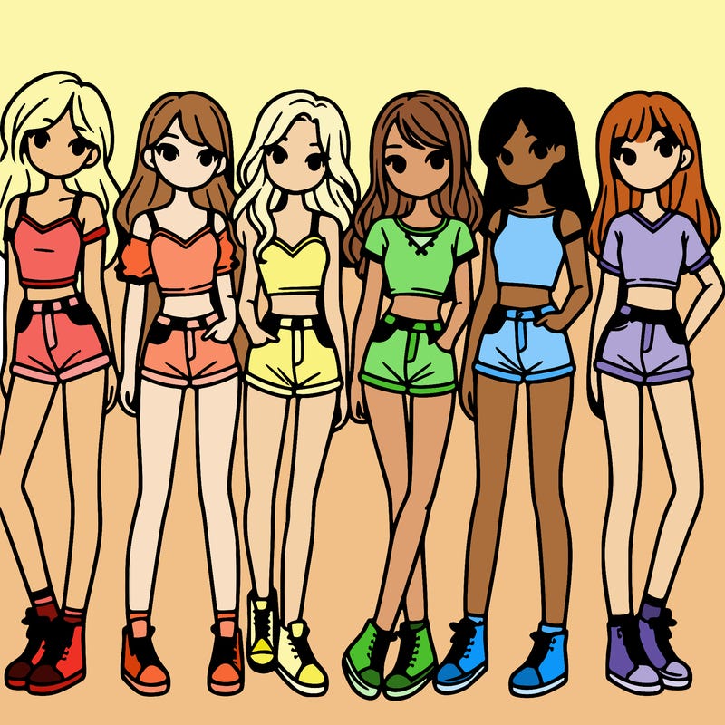 a group of girls wearing crop tops and shorts