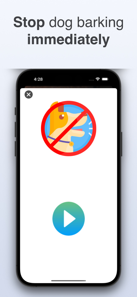 Dog & Cat Translator: Pet Chat - A mobile app screen featuring the bark control tool with a stop barking icon and a play button.