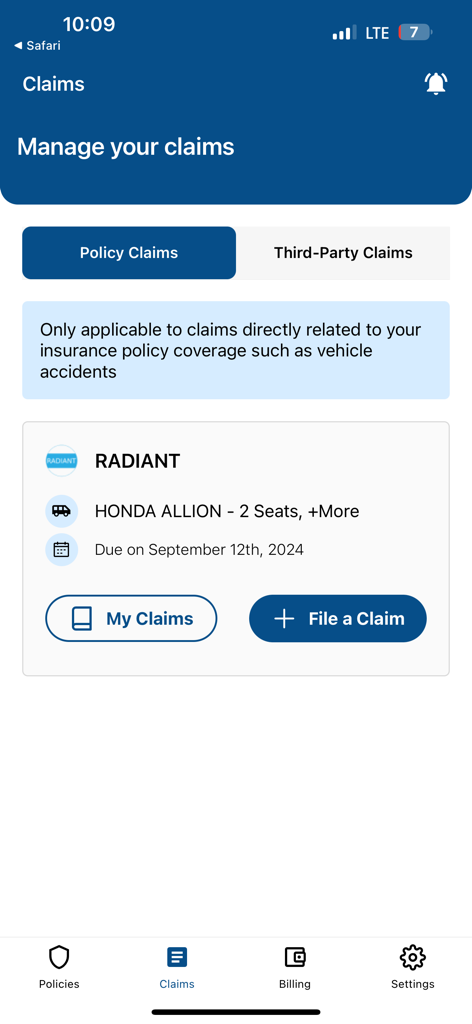 Interfaz de la aplicación E-NSURE para gestionar reclamaciones de seguros y presentar nuevas