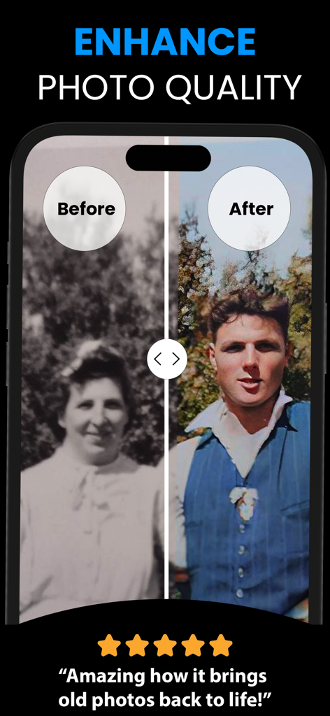 Black and White to Color· - Before and after comparison showing a black and white photo restored to color and high quality