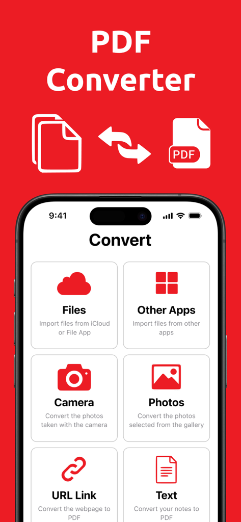 PDF Converter & PDF Makerㅤ - Main conversion screen of the PDF Converter app showing options to convert files, camera images, photos, web links, and text to PDF.