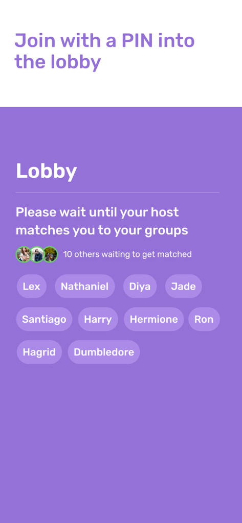Deckle: Event games - A purple lobby screen in the Deckle app showing a list of participants waiting to be matched into groups for an event