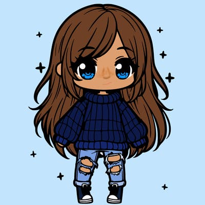 chibi girl with ripped jeans,long hair, and an oversized sweater