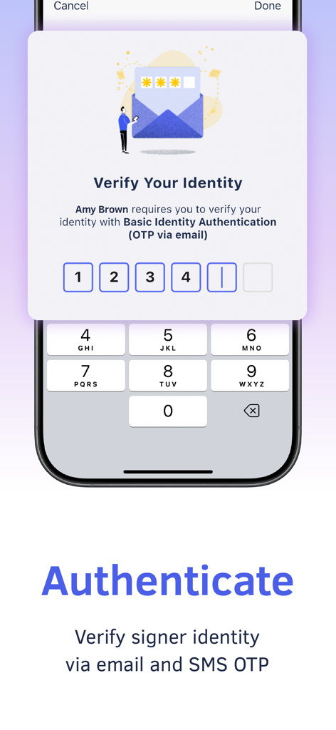 DottedSign - eSign & Fill Docs - モバイルアプリのインターフェース。安全なドキュメント署名のためのメールおよびSMS OTPによる本人確認を表示。