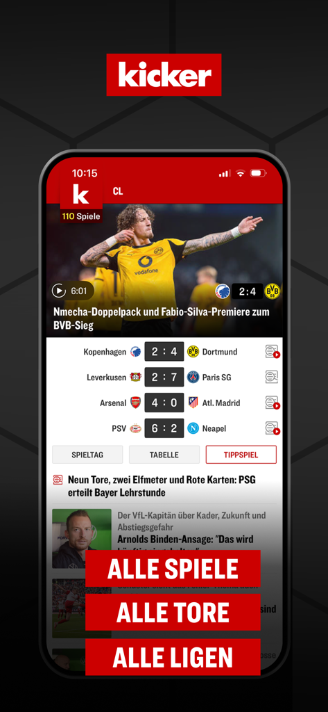 kicker Fußball News - kicker soccer app interface showing champions league match scores and football news highlights