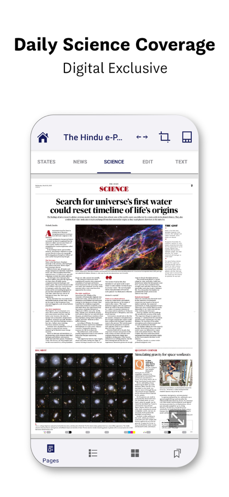 A smartphone screen showing the science news section of The Hindu ePaper app.