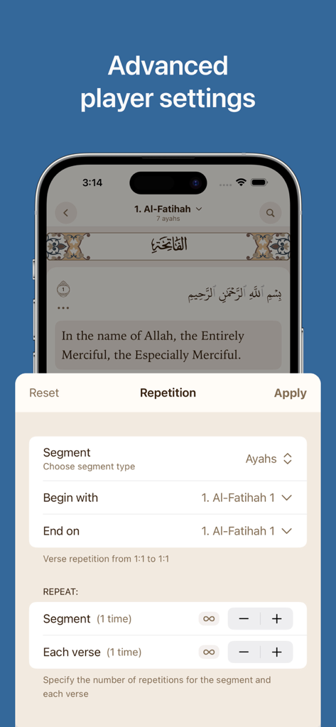 Advanced repetition and player settings screen in the Quran Academy app