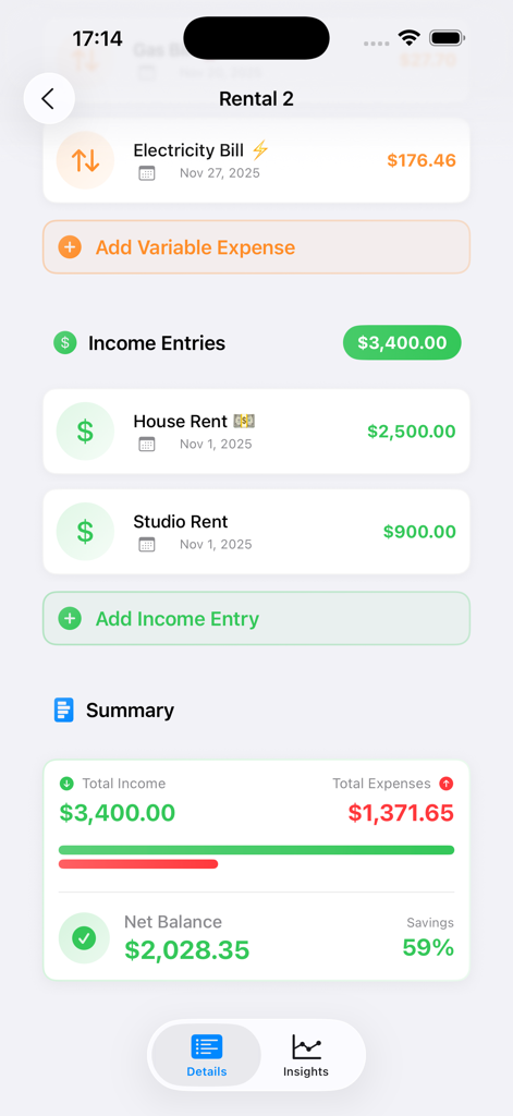 Rent Easy Ledger - Financial dashboard of Rent Easy Ledger app showing property income expenses and net balance