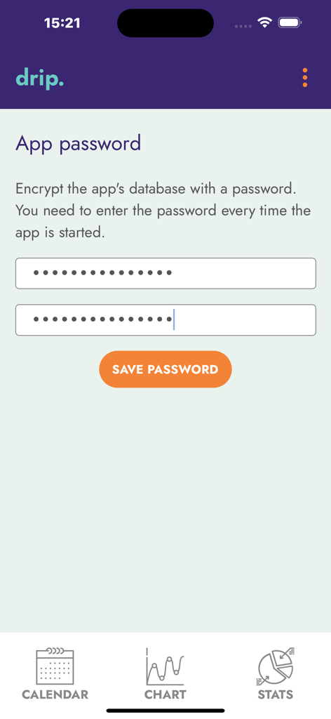 App password screen for data encryption in the drip period and cycle tracker