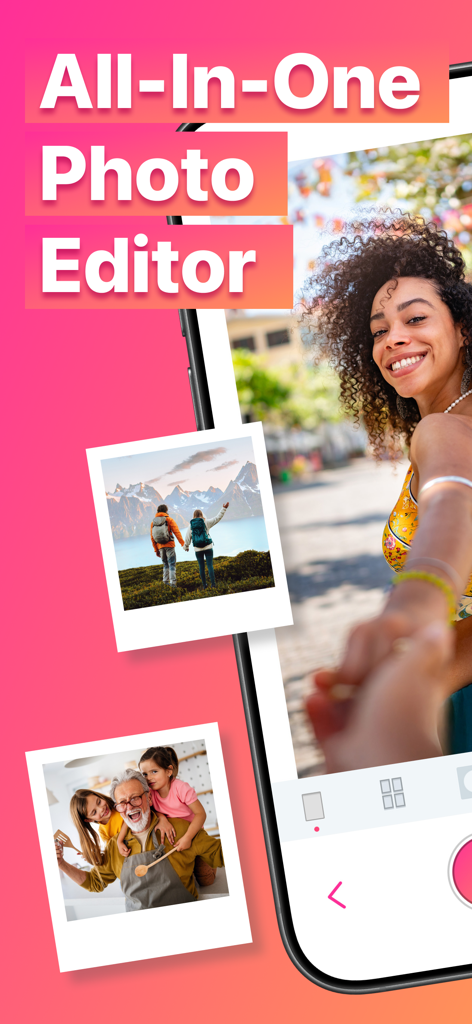 Photo Editor - A smartphone interface showing the All In One Photo Editor app with various lifestyle and family photos against a vibrant pink background