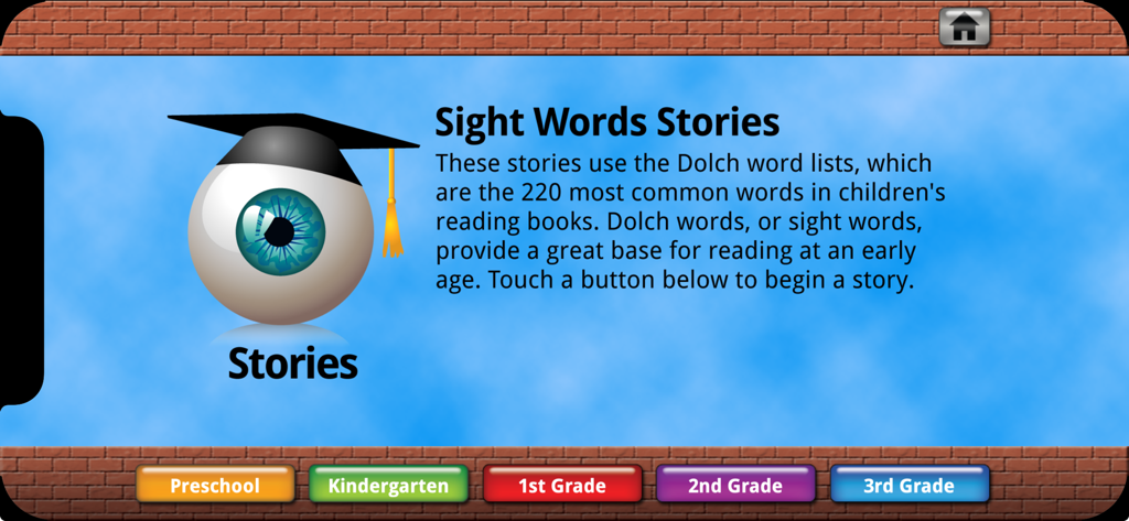 Sight Words Educational App - Sight Words Stories app interface showing grade level selection buttons from Preschool to 3rd Grade