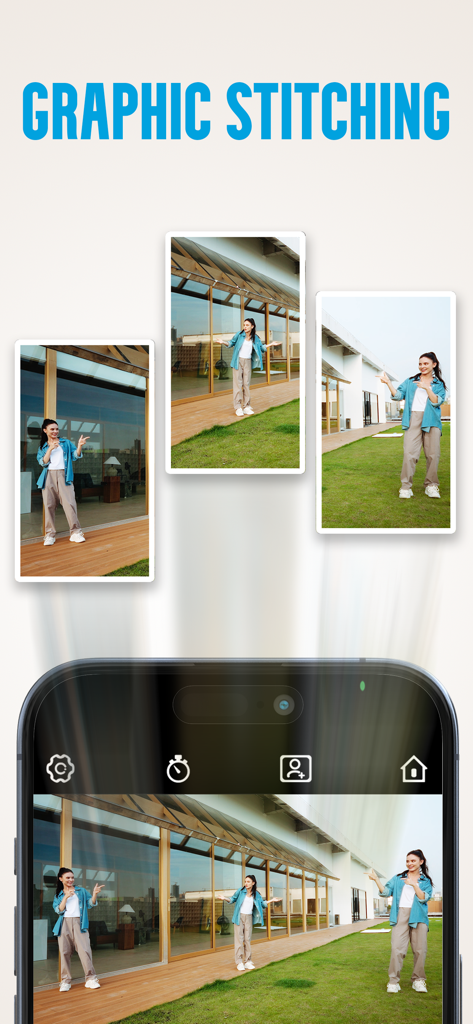 Gimbal Show - Interface montrant la fonction de superposition graphique créant une prise de vue panoramique d'une personne dans plusieurs positions.